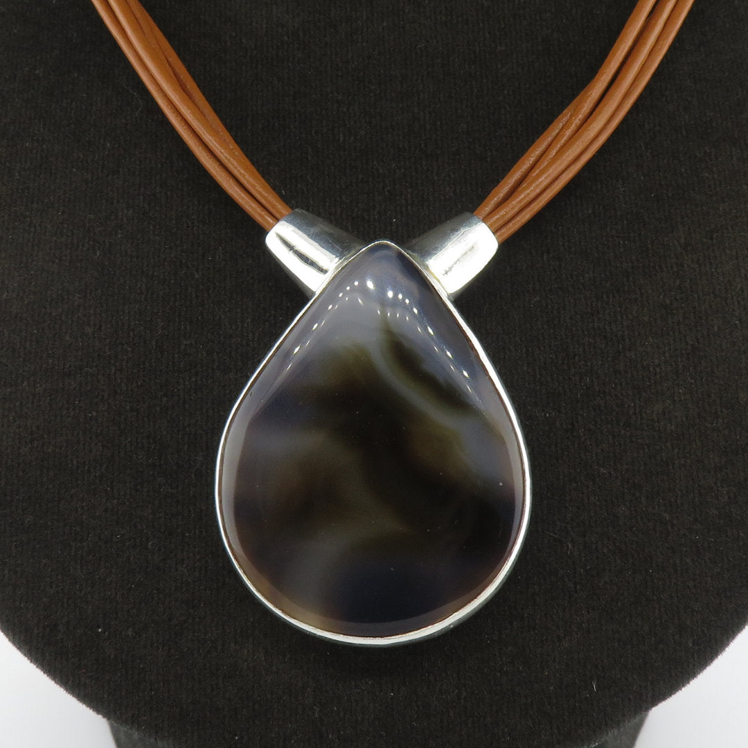 Agate Necklace with Leather and Sterling Silver