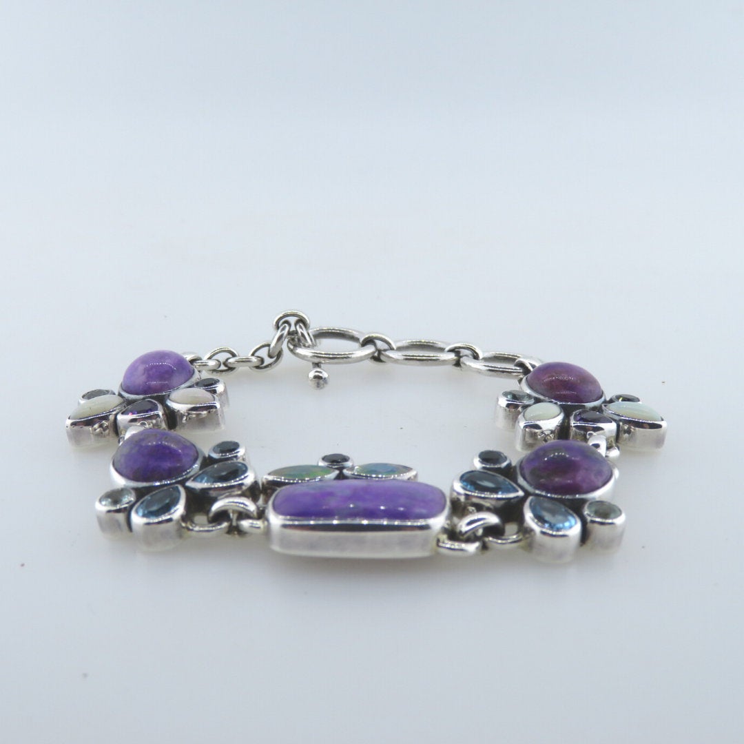 Sugilite Sterling Silver Bracelet with Opal, Blue Topaz, Aquamarine and Amethyst