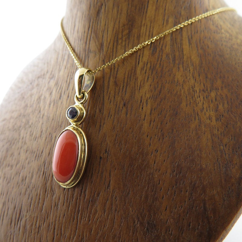 Italian Red Coral Pendant with Blue Sapphire and 18K Gold