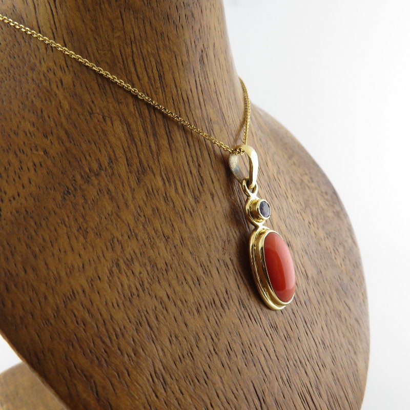 Italian Red Coral Pendant with Blue Sapphire and 18K Gold