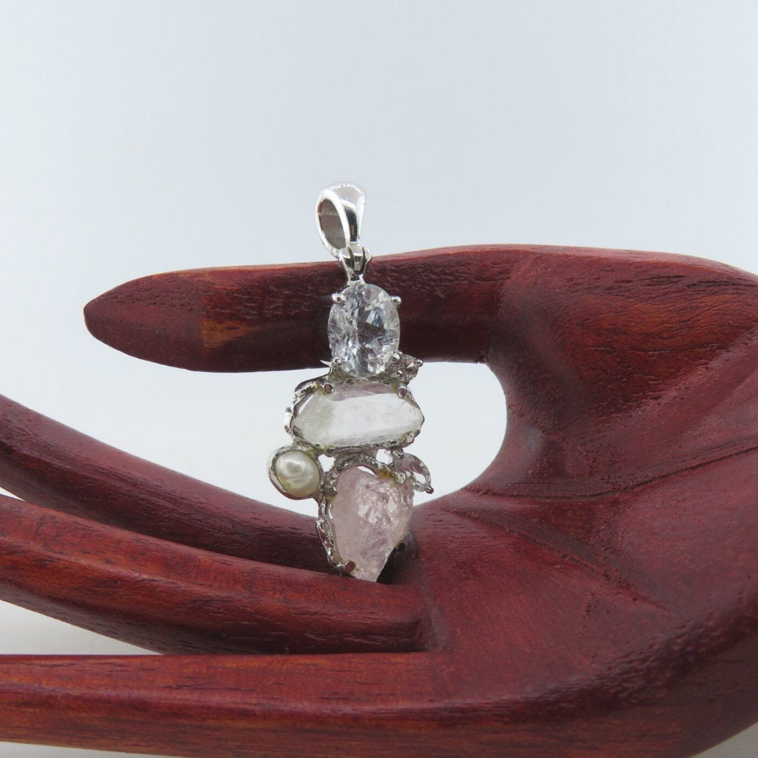 Rose Quartz Sterling Silver Pendant with White Topaz, Crystal and Fresh Water Pearl