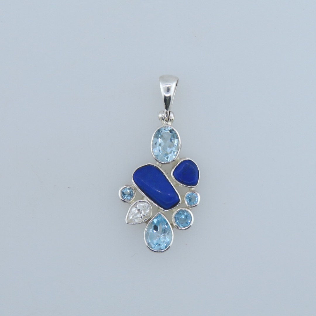 Blue Topaz Sterling Silver Pendant with Lapis Lazuli and White Topaz