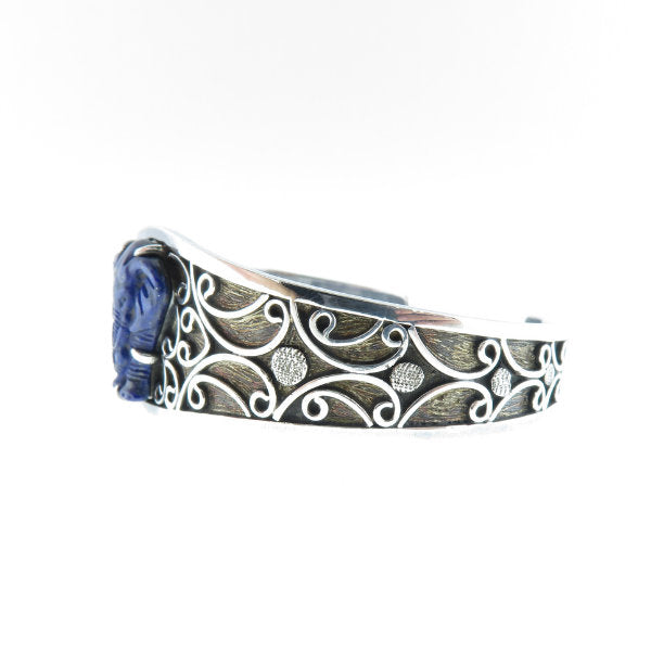 Lapis Lazuli Elephant Curved Bangle with Sterling Silver
