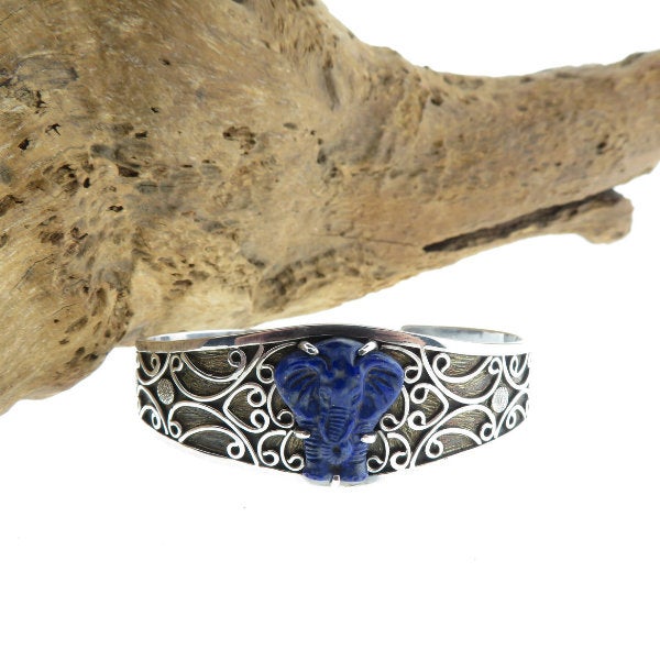 Lapis Lazuli Elephant Curved Bangle with Sterling Silver