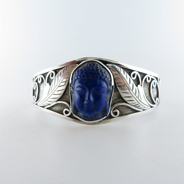 Lapis Lazuli Buddha Head curved Bangle with Sterling Silver