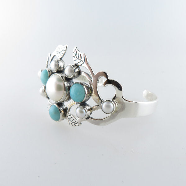 Fresh Water Pearls Sterling Silver Bangle with Amazonite