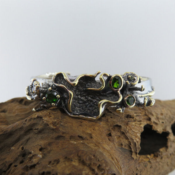 Sterling Silver Bangle with Green Chrome Diopside, Yellow Sapphire and Gold Plated