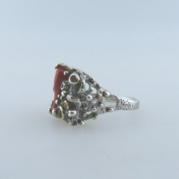 Red Coral Sterling Silver Ring with Garnet, Sapphire and Gold Plated