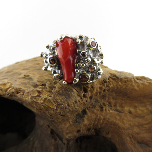 Red Coral Sterling Silver Ring with Garnet, Sapphire and Gold Plated