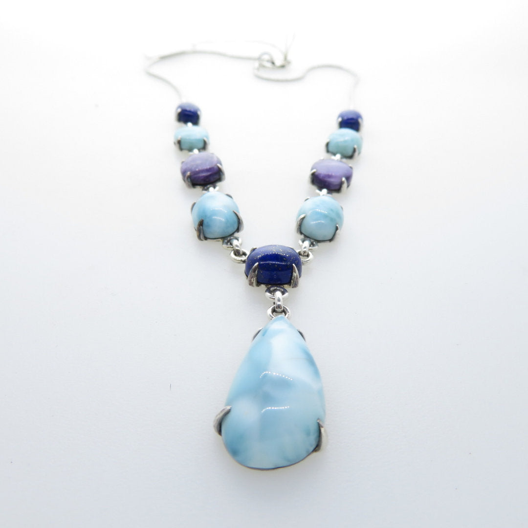 Larimar Stone Sterling Silver Necklace with Lapis Lazuli and Chaorite