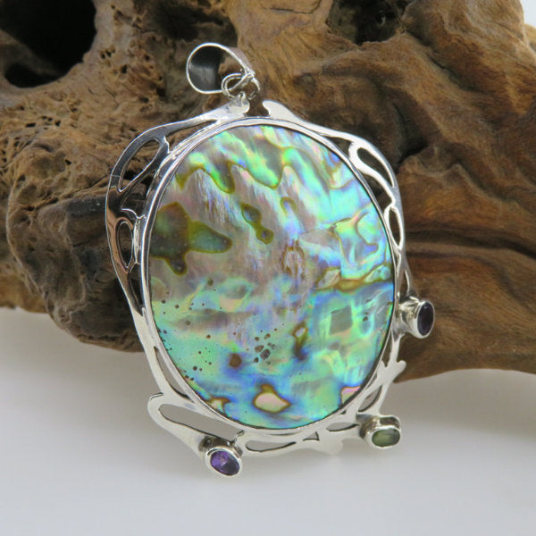 Paua Shell (Rainbow Abalone) Pendant with Amethyst, Peridot and Sterling Silver
