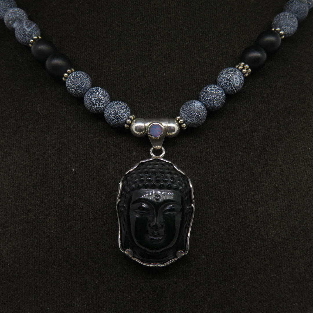 Obsidian Buddha Head Necklace with Agate, Onyx, Lava and Silver Beads