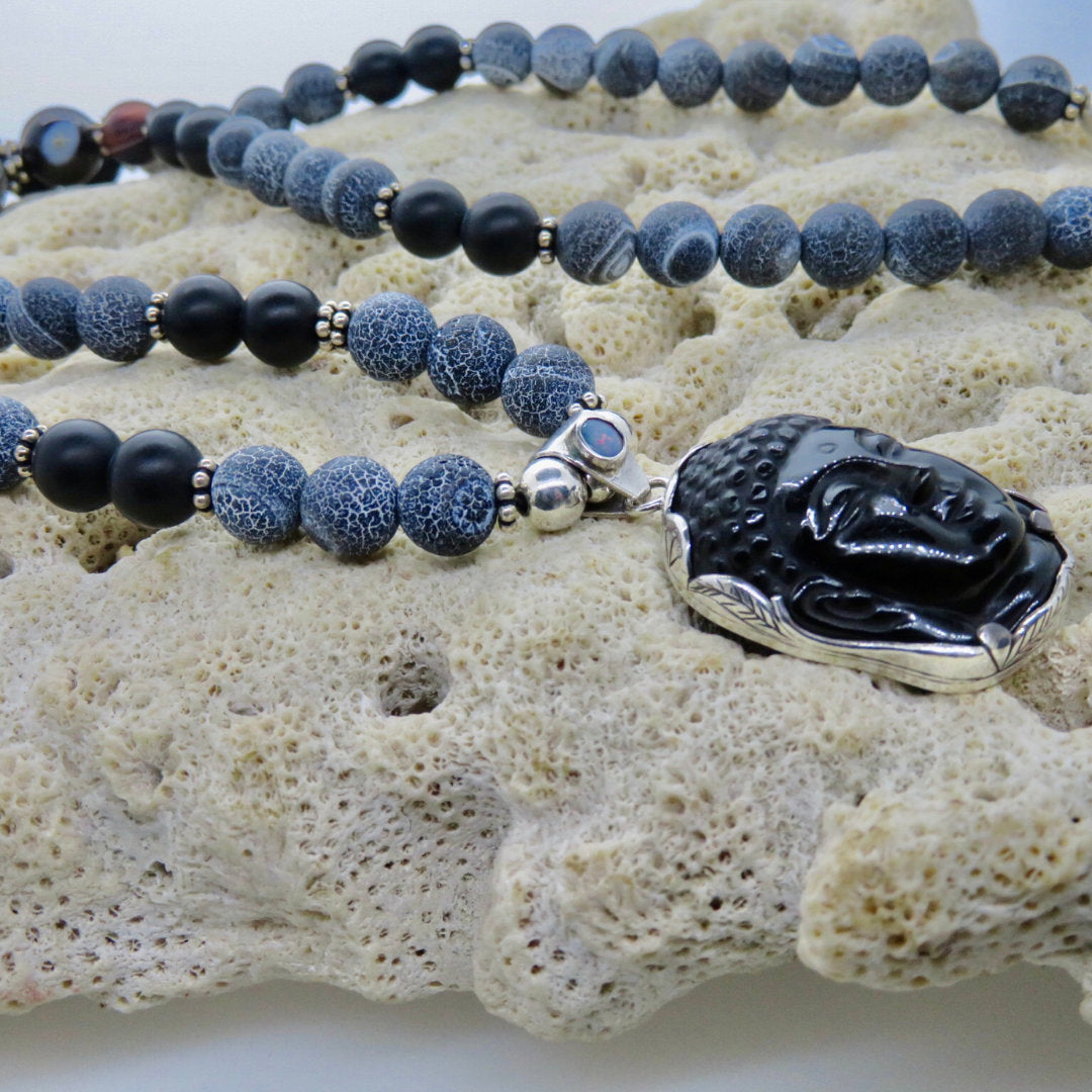 Obsidian Buddha Head Necklace with Agate, Onyx, Lava and Silver Beads