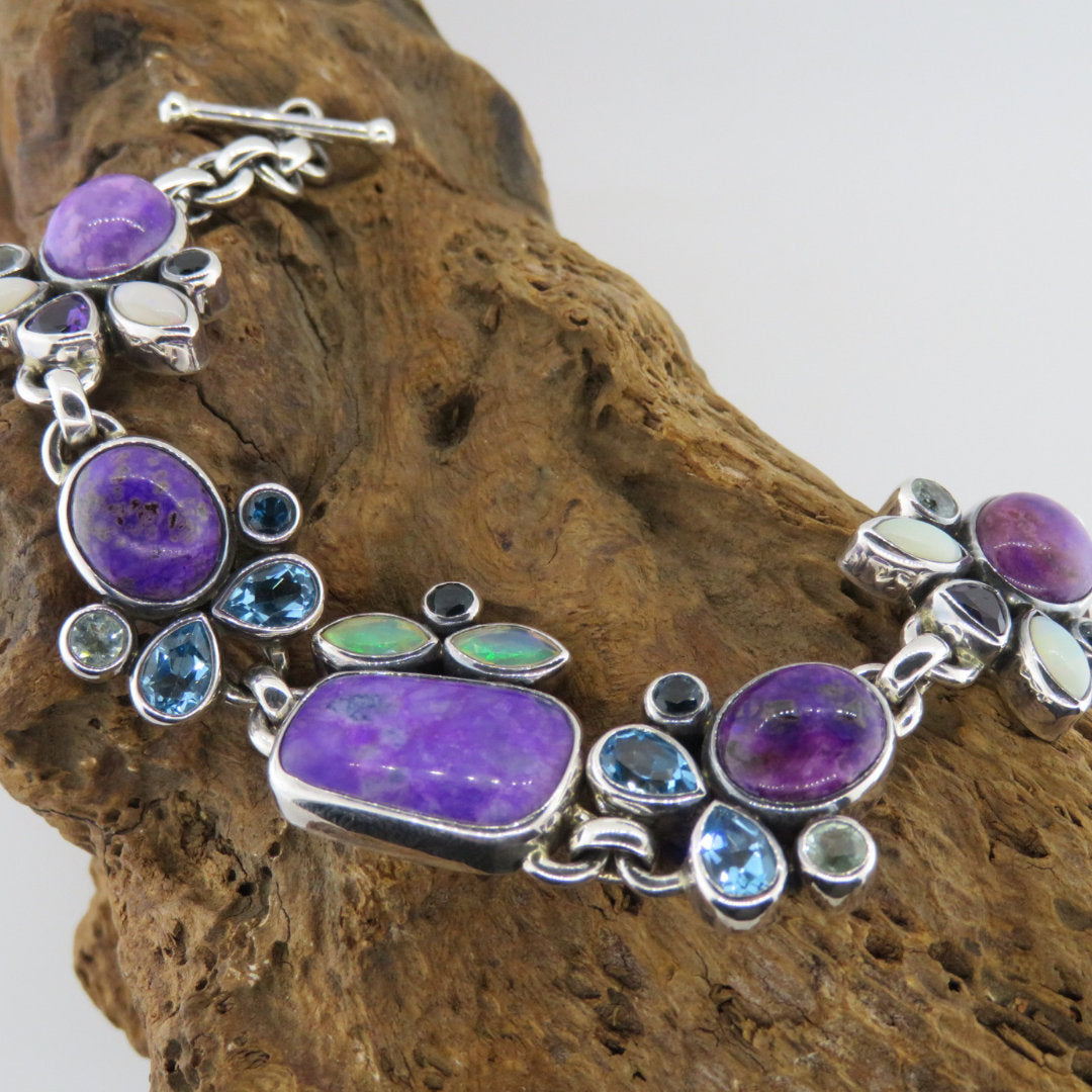 Sugilite Sterling Silver Bracelet with Opal, Blue Topaz, Aquamarine and Amethyst