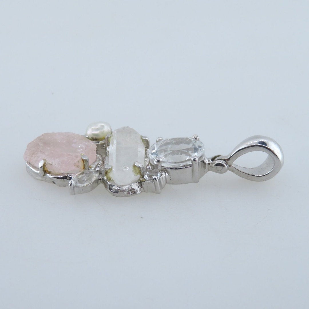 Rose Quartz Sterling Silver Pendant with White Topaz, Crystal and Fresh Water Pearl
