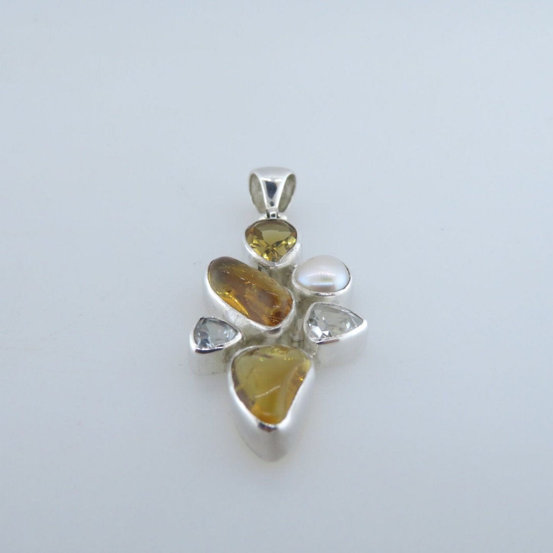 Citrine Sterling Silver Pendant with White Topaz,  Blue Topaz and Fresh Water Pearl