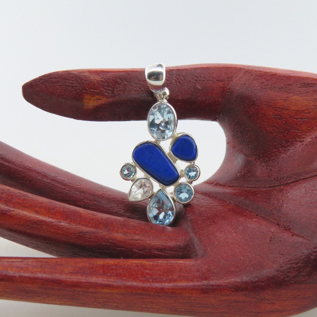 Blue Topaz Sterling Silver Pendant with Lapis Lazuli and White Topaz