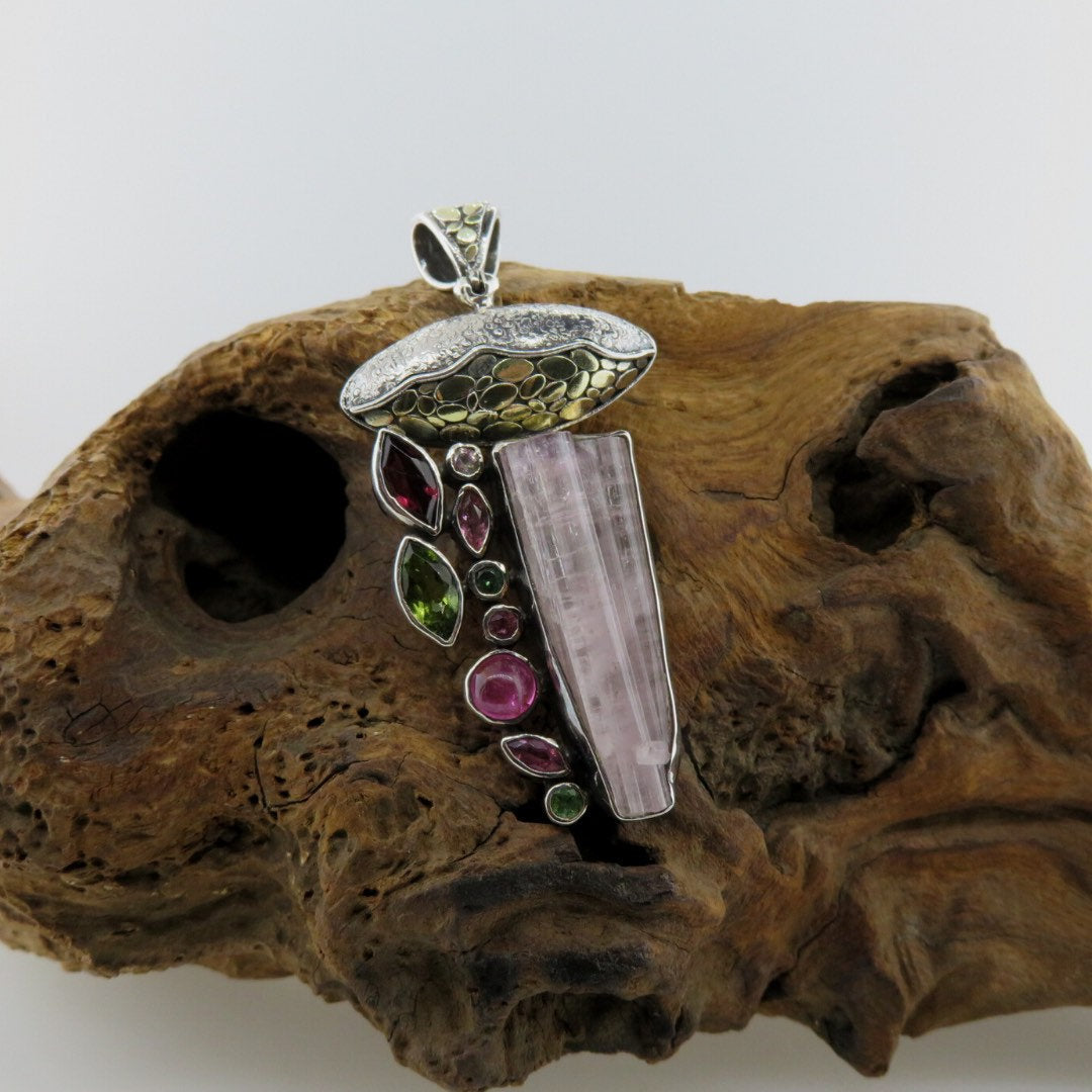 Tourmaline Crystal Sterling Silver Pendant with Multi Colour Tourmaline and 18K Gold