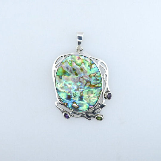 Paua Shell (Rainbow Abalone) Pendant with Amethyst, Peridot and Sterling Silver
