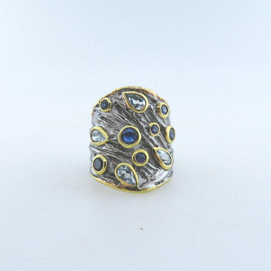 Blue Topaz Sterling Silver Ring with Blue Sapphire and Gold Plated