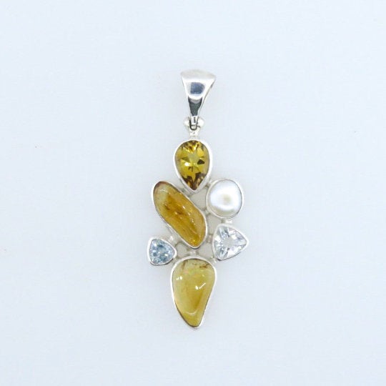 Citrine Sterling Silver Pendant with White Topaz,  Blue Topaz and Fresh Water Pearl