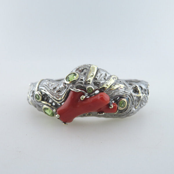 Sterling Silver Bangle with Red Coral, Peridot and Gold Plated