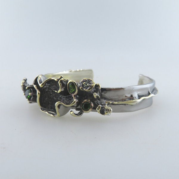 Sterling Silver Bangle with Green Chrome Diopside, Yellow Sapphire and Gold Plated