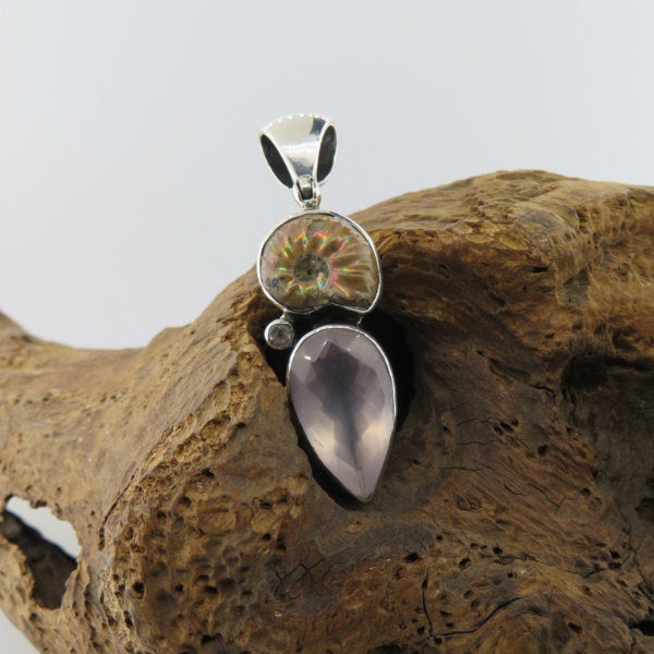 Rose Quartz Pendant with Ammonite and Sterling Silver