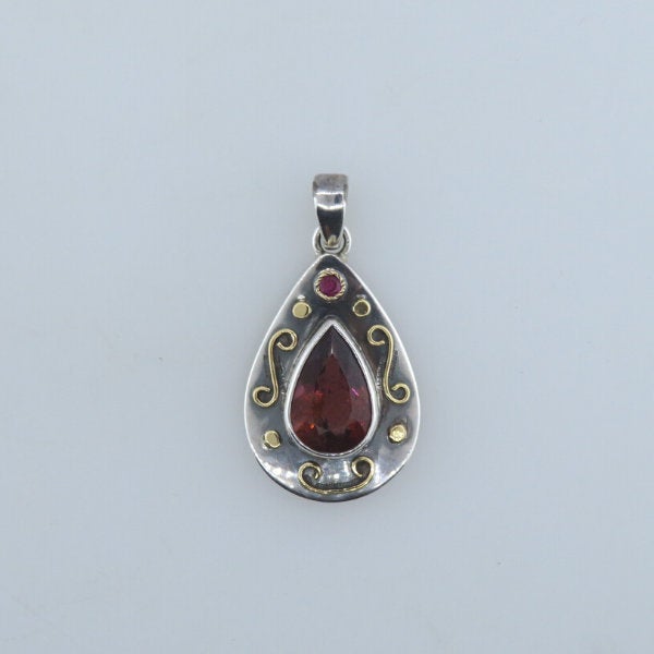 Pink Tourmaline Sterling Silver Pendant with Ruby and 18k Gold