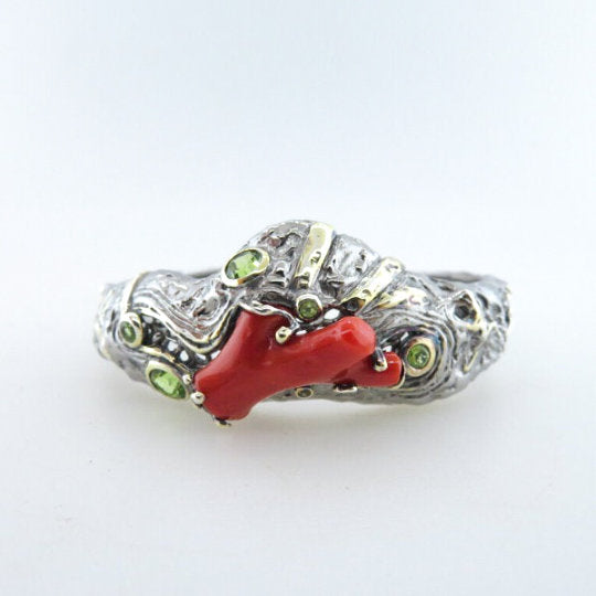 Sterling Silver Bangle with Red Coral, Peridot and Gold Plated